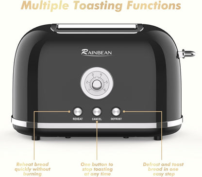 RAINBEAN Toaster 2 Slice Retro Toaster Stainless Steel With 6 Bread Shade Settings And Bagel Cancel Defrost Reheat Function, Cute Bread Toaster With Extra Wide Slot And Removable Crumb Tray