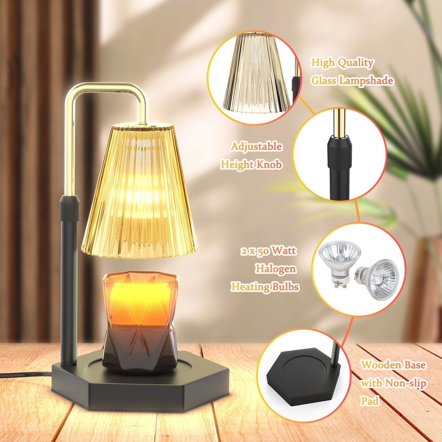 Candle Warmer Lamp Dimmable And Timer Candle Warmer Height Adjustable For Jar Scented Candles For Home Decor Amber Glass And Black Base