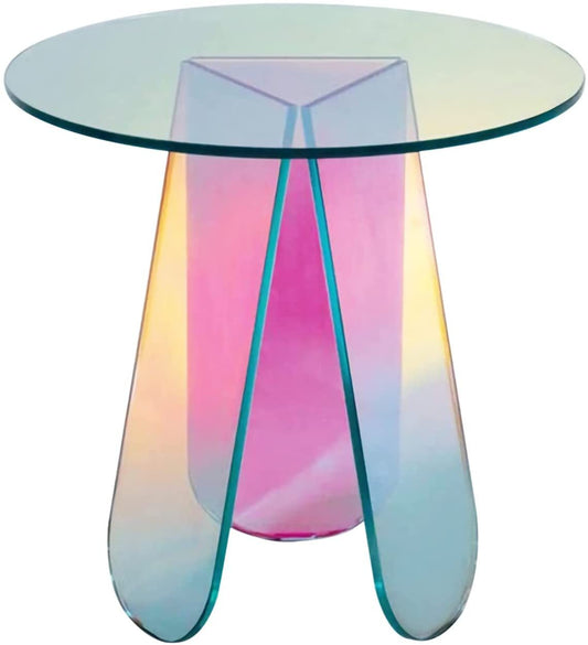 Acrylic Rainbow Color Coffee Table, Iridescent Glass End Table Round Side Table Modern Accent TV Table for Living Bed Room Decoration,small