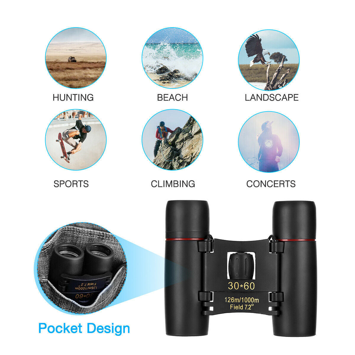 Binoculars 30x60 Zoom Travel Compact Folding Telescope Hunting Day Night Outdoor Small Pocket Binoculars Compact Adults for Hunting / Bird Watching