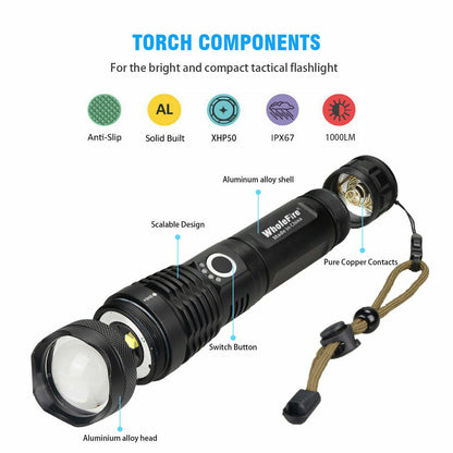 High Power Military Grade 12.000 Lumen Ultra Bright Aluminum Flashlight LED Rechargeable