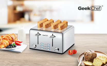 Geek Chef Toaster 4 Slice, Stainless Steel Extra-Wide Slot Toaster With Dual Control Panels Of Bagel,Defrost,Cancel Function