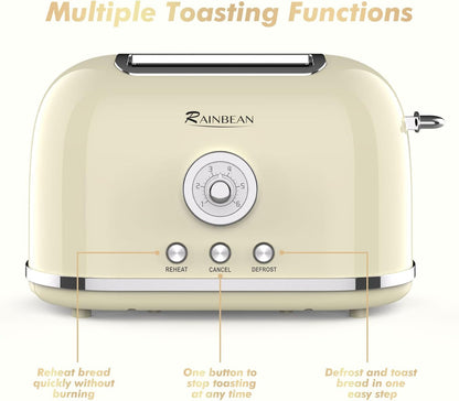 RAINBEAN Toaster 2 Slice Retro Toaster Stainless Steel With 6 Bread Shade Settings And Bagel Cancel Defrost Reheat Function, Cute Bread Toaster With Extra Wide Slot And Removable Crumb Tray