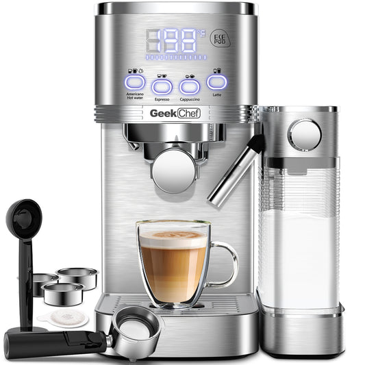 Geek Chef Espresso And Cappuccino Machine With Automatic Milk Frother,20Bar Espresso Maker For Home, For Cappuccino Or Latte,with ESE POD Filter, Stainless Steel, Gift For Coffee Lover