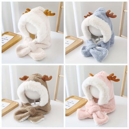 Cute Deer Hat Women Plush Rabbit Ear Funny Lolita Sweet Kawaii Winter Fluffy Fleece Warm Hat Plush Winter Thickened Cute Antlers Baby Hat With Scarf For 5-10 Y Children