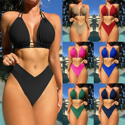 Women's Fashion High Elastic Pure Color Bikini Swimsuit