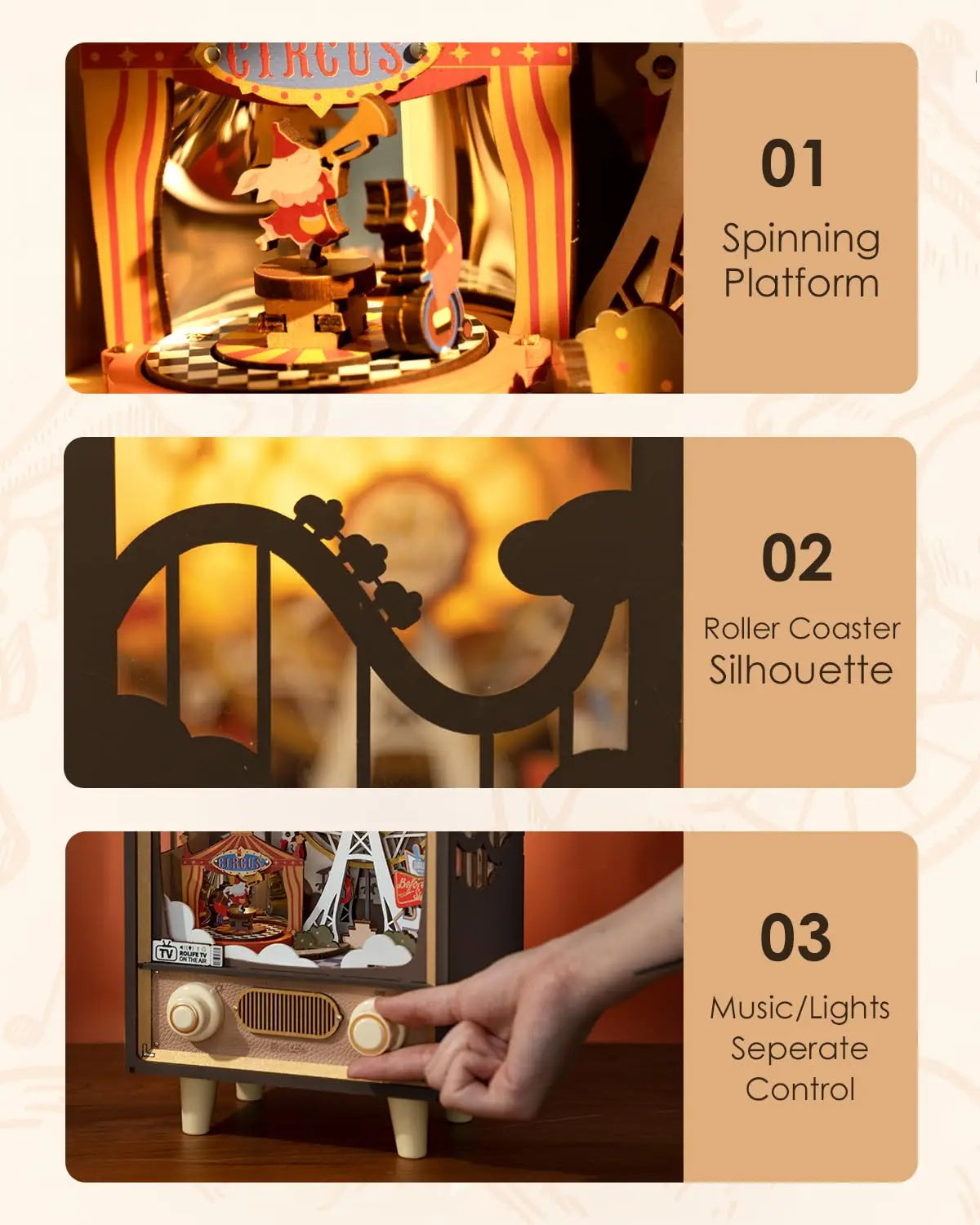 Robotime ROKR  Rolife Sunset Carnival Music Boxes With Lights For Kids Adults Home Decoration Luxurious Design 3D Wooden Puzzle Toys