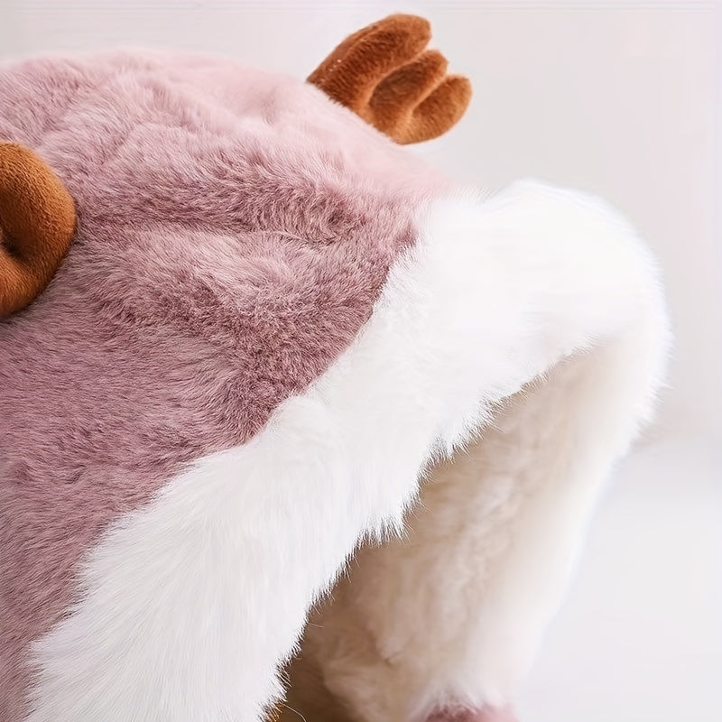 Cute Deer Hat Women Plush Rabbit Ear Funny Lolita Sweet Kawaii Winter Fluffy Fleece Warm Hat Plush Winter Thickened Cute Antlers Baby Hat With Scarf For 5-10 Y Children