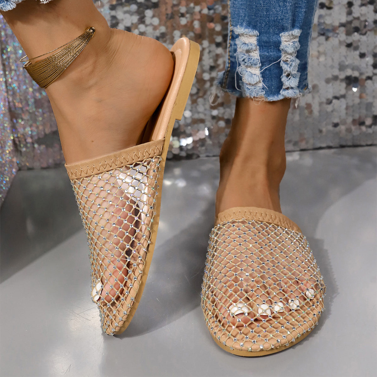 Hollow-toe Transparent Hollow Sandals With Rhinestones Summer Fashion Outdoor Slippers Flat Shoes For Women