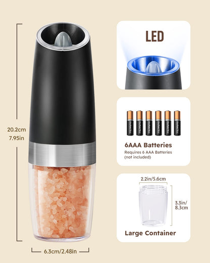 Gravity Electric Salt And Pepper Grinder Set Automatic Shakers Mill Grinder With LED Light, Battery Powered Adjustable Coarseness One Hand Operation, Upgraded Larger Capacity