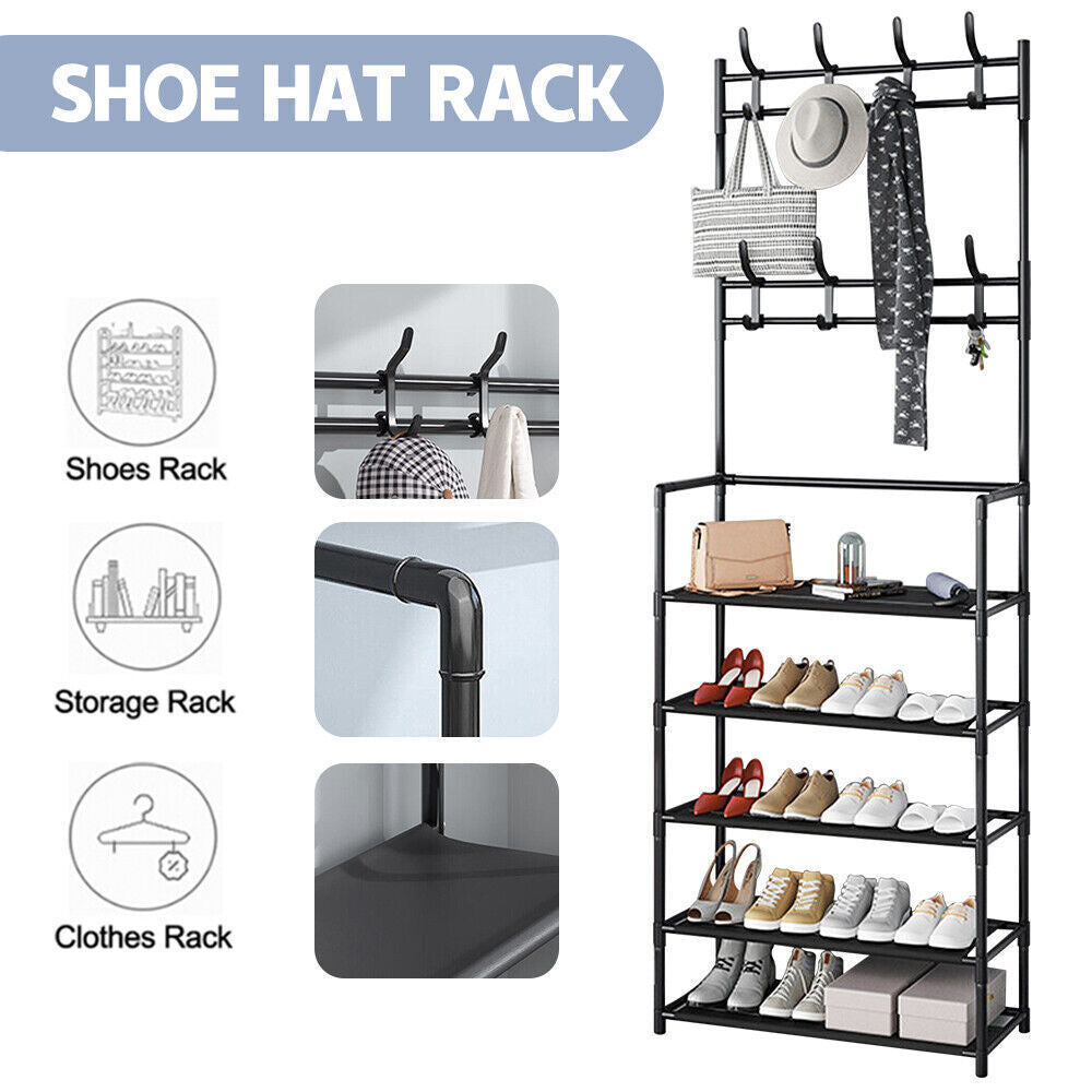 New Coat And Hat Stand 8 Hooks Metal Shoe Rack 5 Tiers Shelf Hanger Black