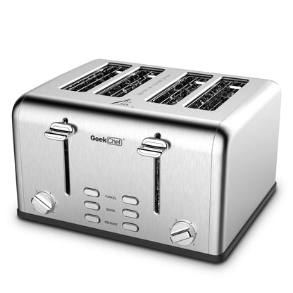 Geek Chef Toaster 4 Slice, Stainless Steel Extra-Wide Slot Toaster With Dual Control Panels Of Bagel,Defrost,Cancel Function