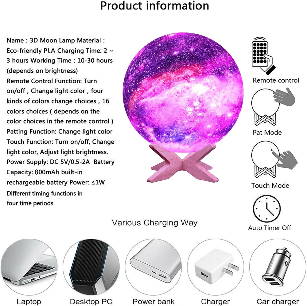 3D Galaxy Lamp Moonlight USB LED Night Lunar Light Touch Color Changing Moon Lamp