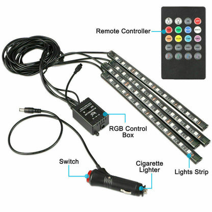 4Pcs 12LED RGB Car Interior Atmosphere Light Strip IR Music Lamp With Remote