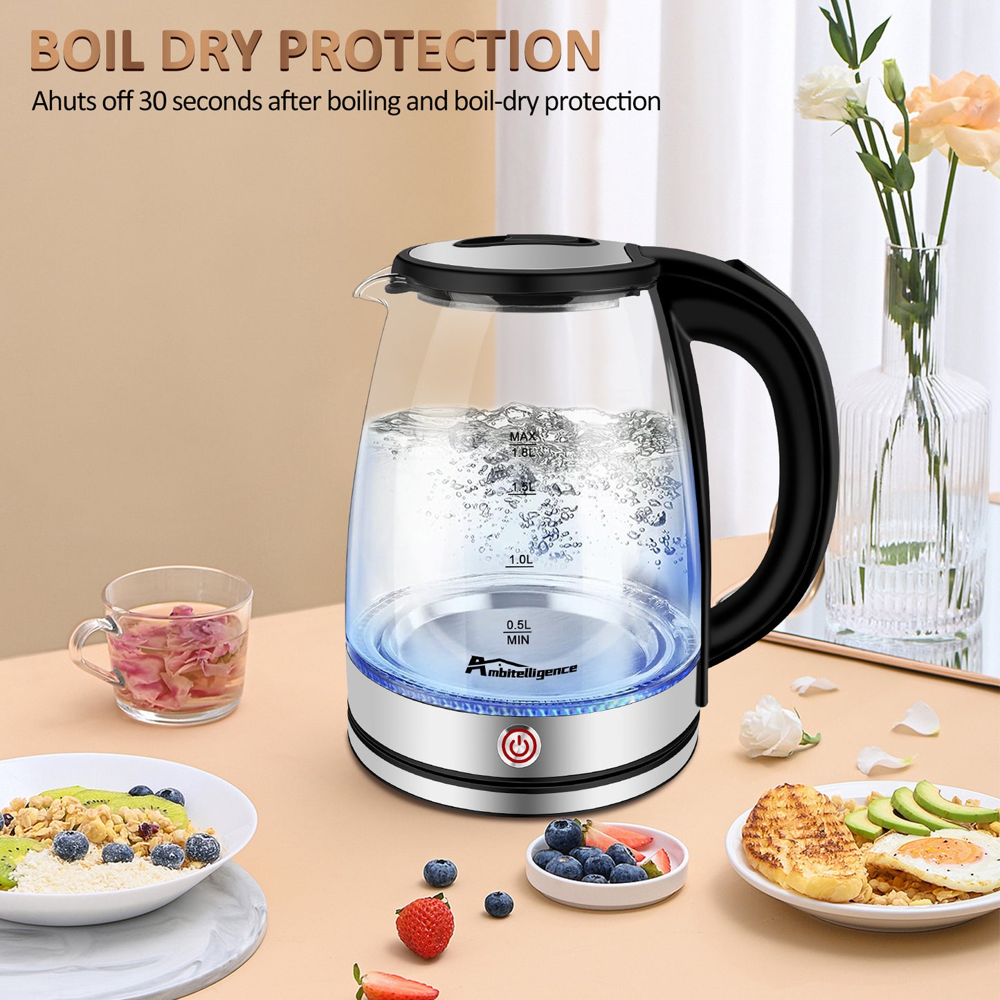 Glass Electric Kettle, 1.8L Glass Tea Kettle, Hot Water Boiler With LED Light, Auto Shut-Off & Boil Dry Protection, Stainless Steel