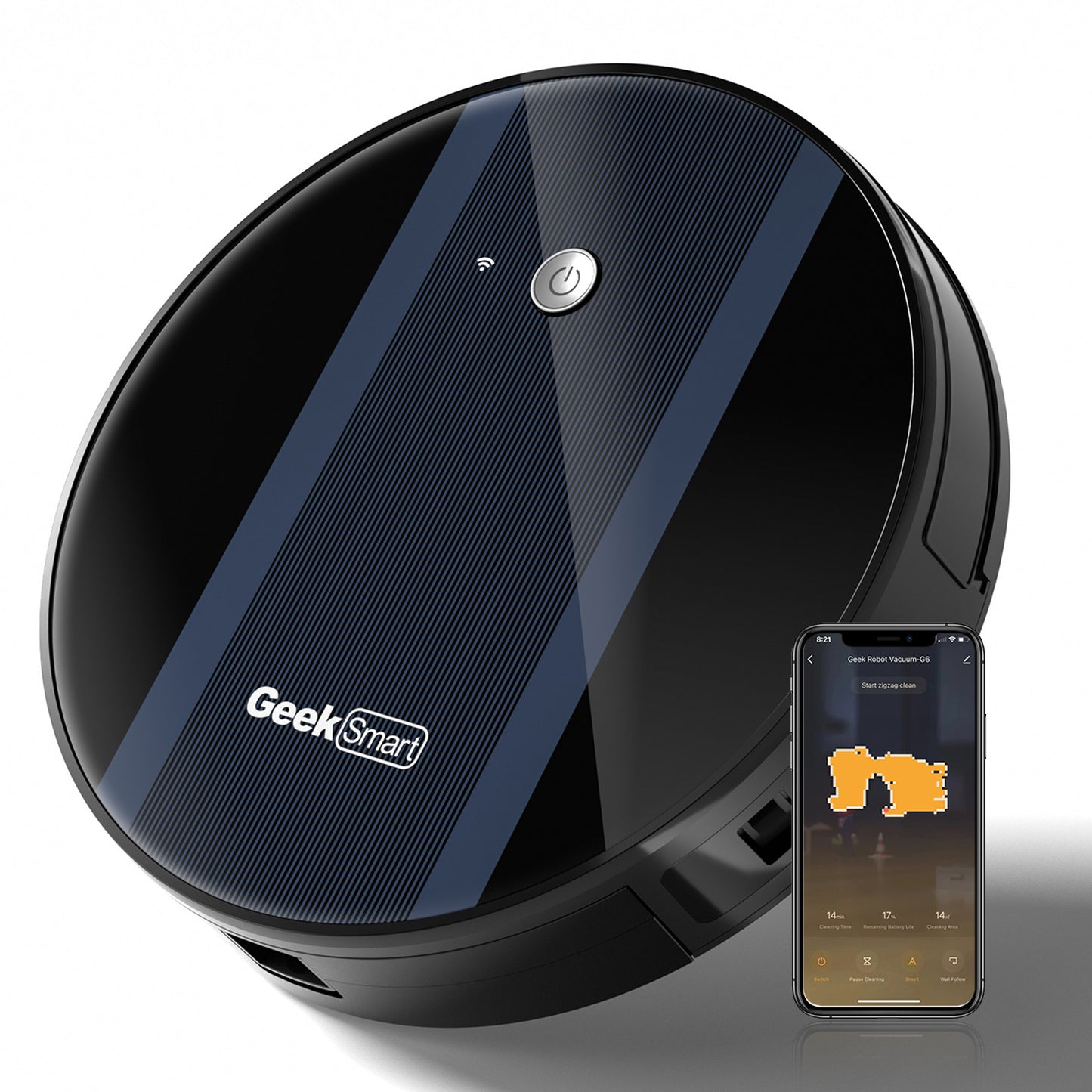 Geek Smart Robot Vacuum Cleaner G6 Plus, Ultra-Thin, 1800Pa Strong Suction, Automatic Self-Charging, Wi-Fi Connectivity, App Control, Custom Cleaning, Great For Hard Floors To Carpets.