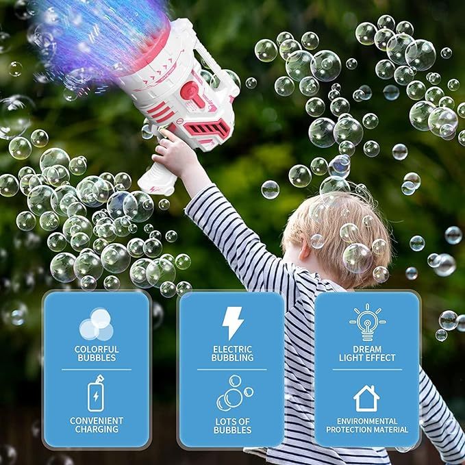 Bubble Machine Gun With Colorful Lights,Bubble Solution,69 Holes Rocket Bubble Gun,Summer Outdoor Toy For Kids, Idea For Christmas Birthday Parties Wedding