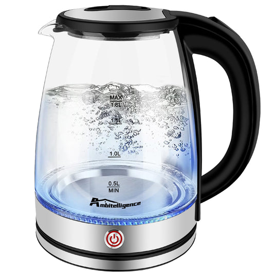 Glass Electric Kettle, 1.8L Glass Tea Kettle, Hot Water Boiler With LED Light, Auto Shut-Off & Boil Dry Protection, Stainless Steel