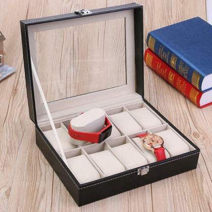 Watch Display Grid Box Lockable Case Faux Leather Jewellry Storage Organiser