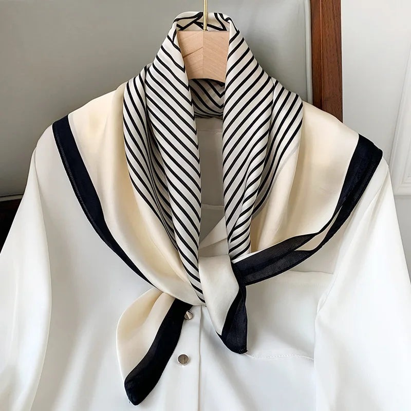 Luxury Silk Square Plaid Scarf, Satin Neck Hair Tie