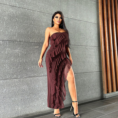 2024 Summer Trend Skinny Women's Fashion Tube Top Backless Split Tassel Dress Birthday Party Clubwear