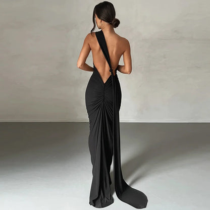 One Shoulder Backless Adjustable Scarf Sexy Maxi Dress