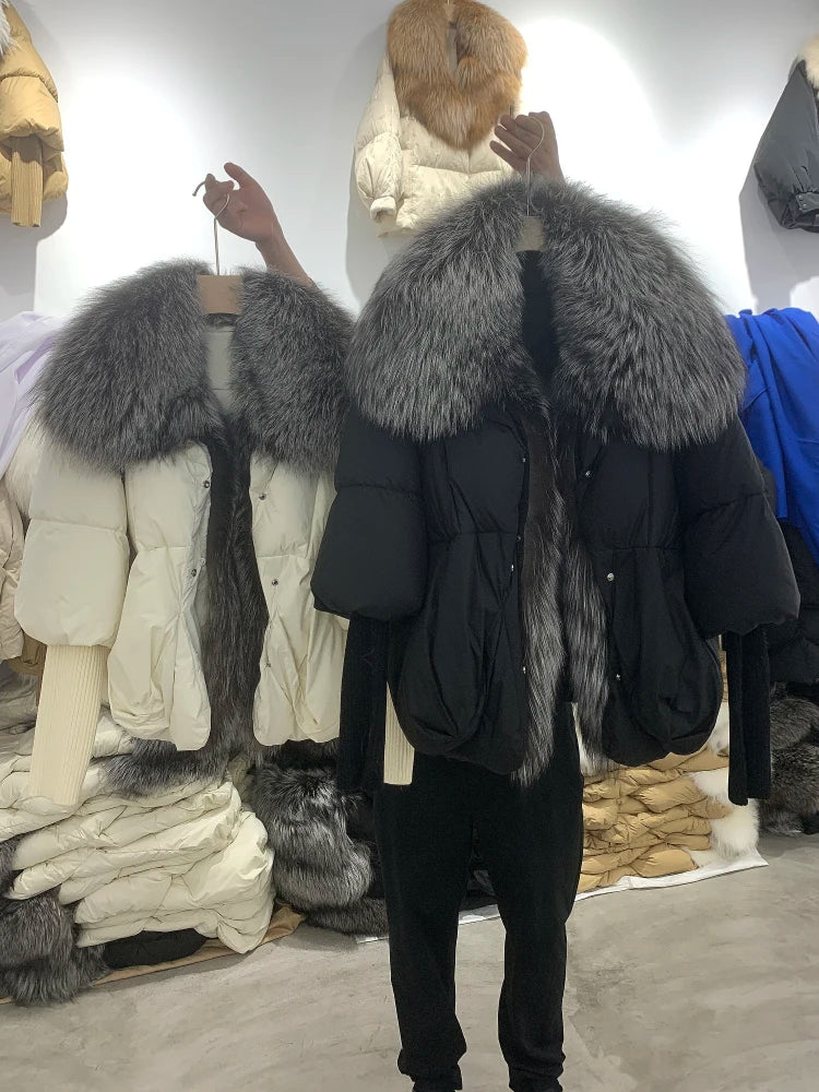 Real Fox Fur Winter Women Puffer Coat With Large Real Fox Fur Collar Thick Luxury Parkas Outerwear Female 90% White Duck Down Jacket