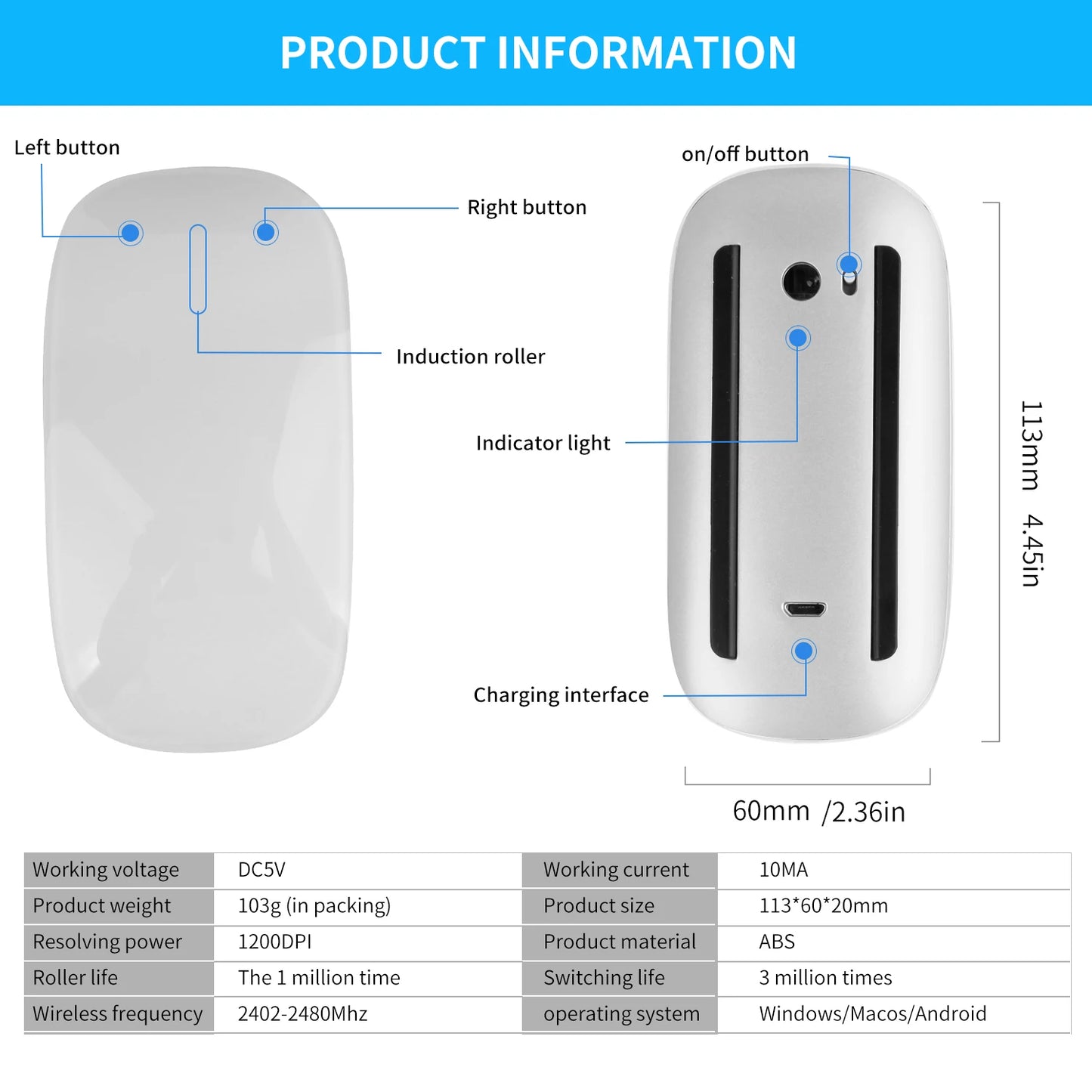 Bluetooth 4.0 Wireless Mouse Rechargeable Silent Multi Arc Touch Mice Ultra-thin Magic Mouse For Laptop Ipad Mac PC Macbook