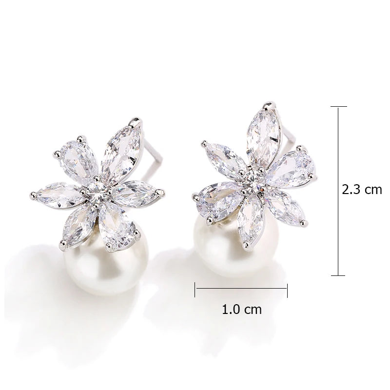 Elegant Pearl Flower Stud Earrings with Shiny Zircon for Women