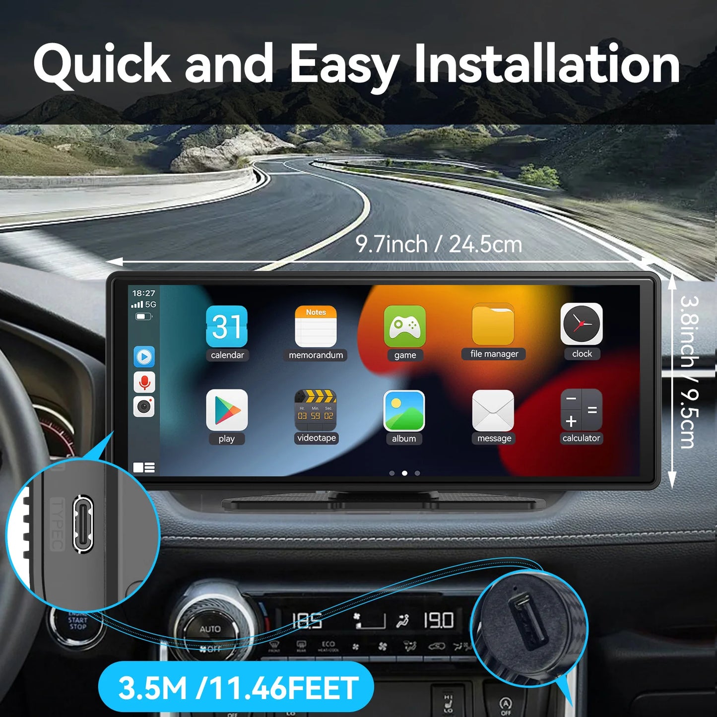 Universal Portable Carplay for Car Screen 10,26 Inch, Wireless Carplay Screen Wireless Car Stereo with Apple Carplay Android Auto, Car Touchscreen