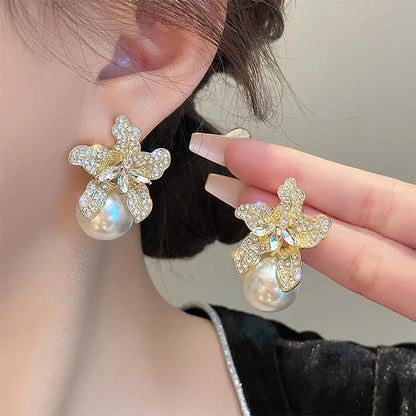 Elegant Rhinestone Pearl Flower Earrings - Retro Wedding Jewelry Gift