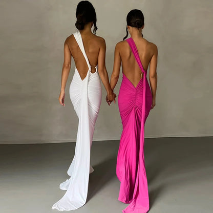 One Shoulder Backless Adjustable Scarf Sexy Maxi Dress