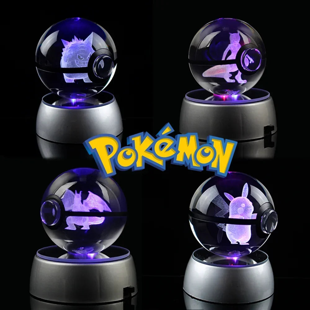 Pokemon 3D Crystal Ball Figure Engraving Pikachu Charizard Gengar With LED Light Base Anime Glass Ball