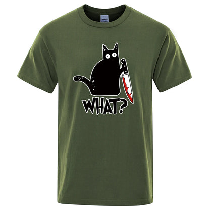 Funny Knife Cat Cartoon T-Shirt Men Fashion Breathable Tees