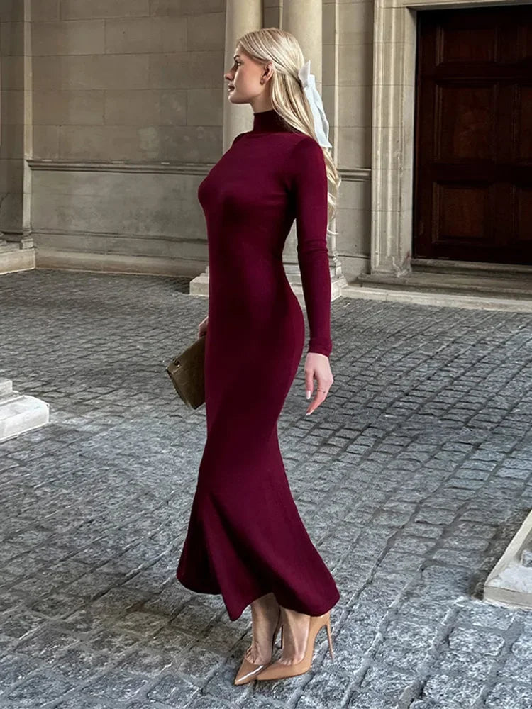 Solid Half High Collar Knitted Slim Dress Lady Elegant Long Sleeve Long Dress