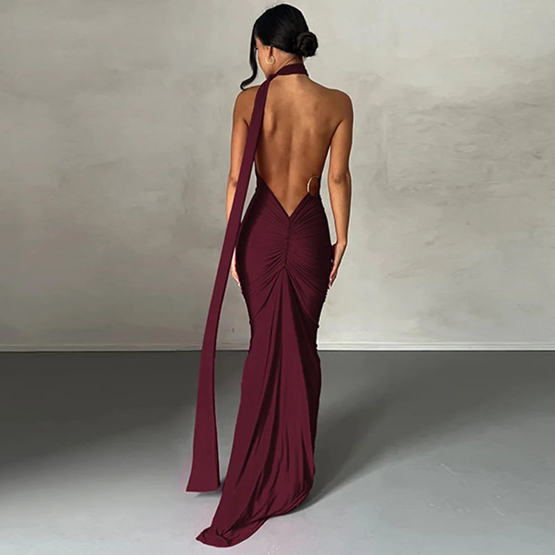 One Shoulder Backless Adjustable Scarf Sexy Maxi Dress