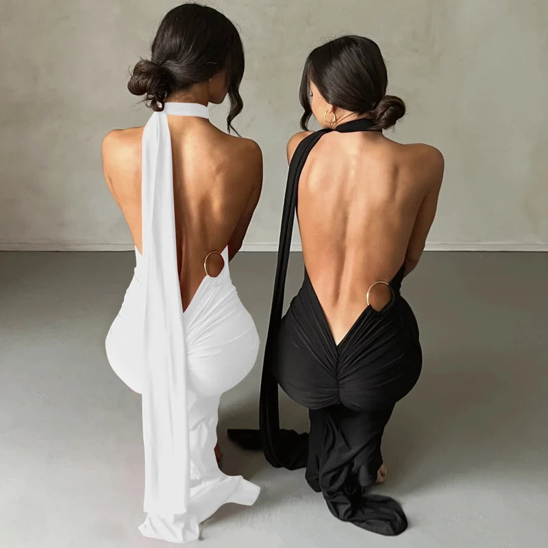 One Shoulder Backless Adjustable Scarf Sexy Maxi Dress