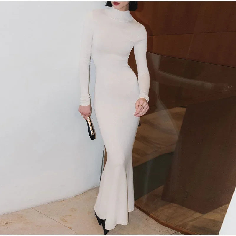 Solid Half High Collar Knitted Slim Dress Lady Elegant Long Sleeve Long Dress