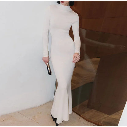 Solid Half High Collar Knitted Slim Dress Lady Elegant Long Sleeve Long Dress