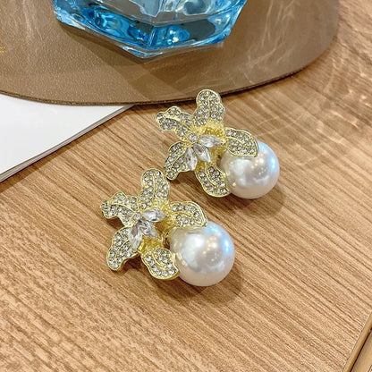 Elegant Rhinestone Pearl Flower Earrings - Retro Wedding Jewelry Gift