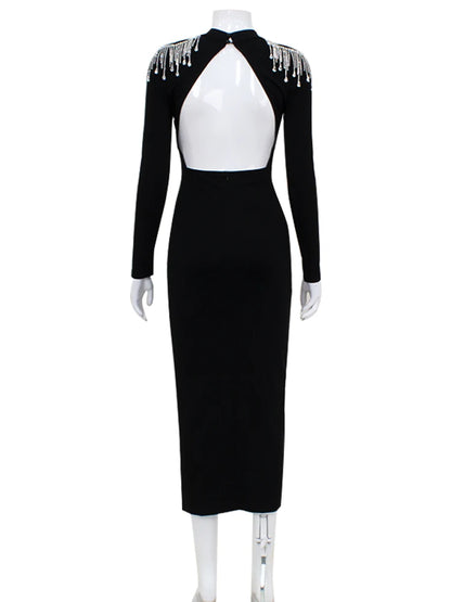 Beaded Split Backless Bodycon Dress - High Neck, Long Sleeve, Sexy Clubwear