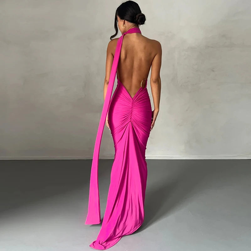 One Shoulder Backless Adjustable Scarf Sexy Maxi Dress