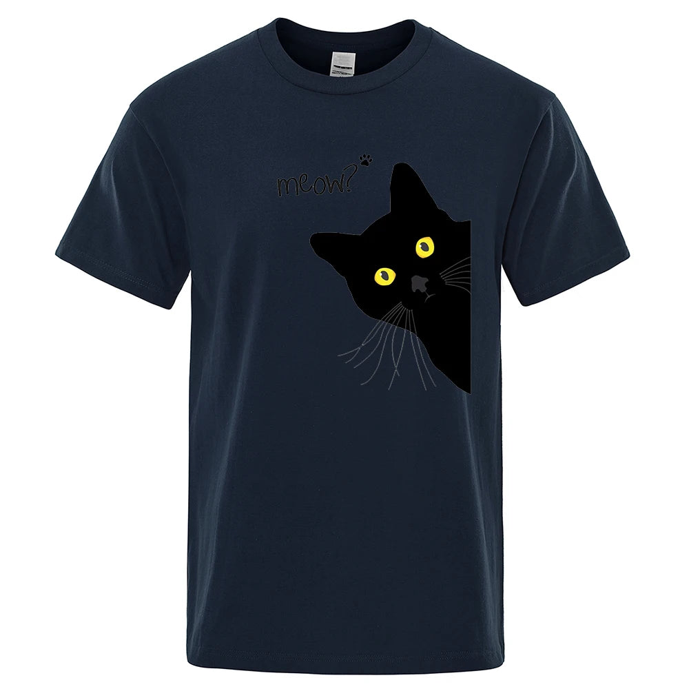 Meow Black Cat Funny Men T-Shirts Breathable Tee