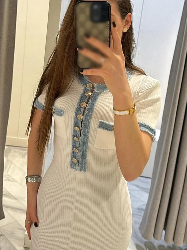 Elegant V Neck Denim Knitted Long Dress Women Fashion Short Sleeved Buttons Bodycon Dresses Office Lady Pockets Robes