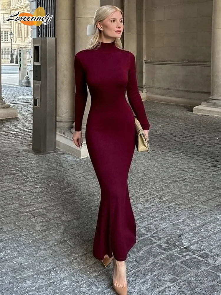 Solid Half High Collar Knitted Slim Dress Lady Elegant Long Sleeve Long Dress