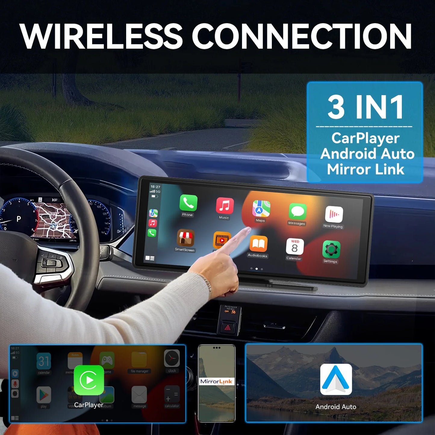 Universal Portable Carplay for Car Screen 10,26 Inch, Wireless Carplay Screen Wireless Car Stereo with Apple Carplay Android Auto, Car Touchscreen