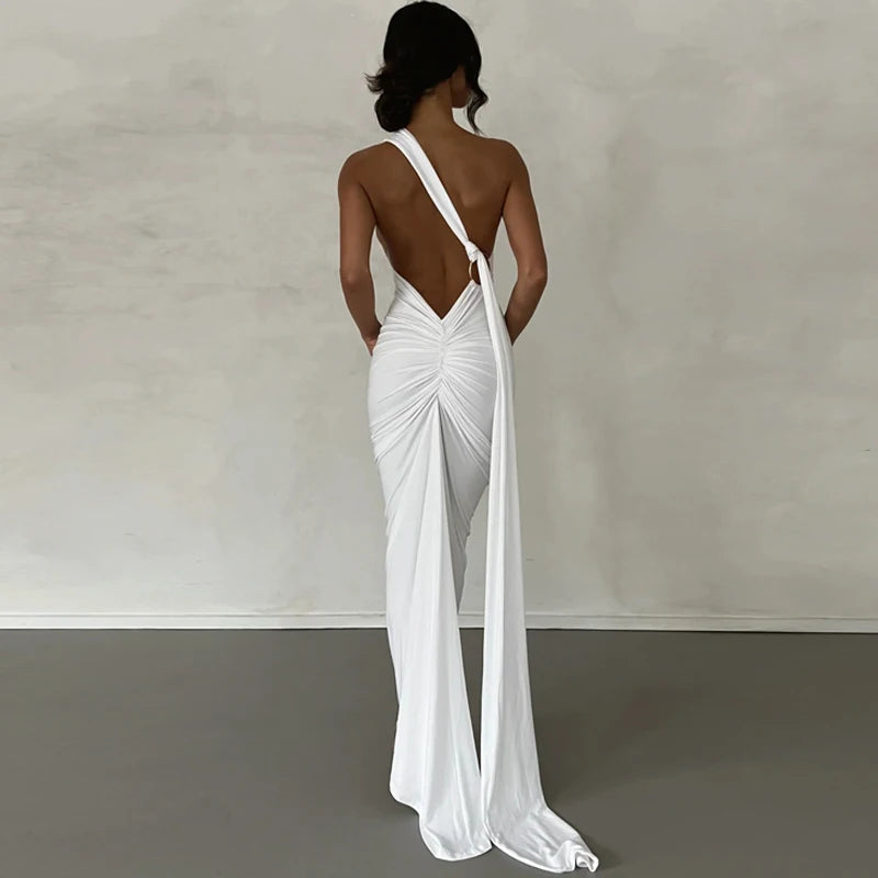 One Shoulder Backless Adjustable Scarf Sexy Maxi Dress