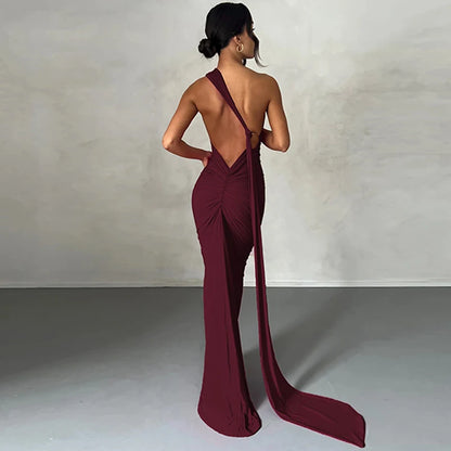 One Shoulder Backless Adjustable Scarf Sexy Maxi Dress