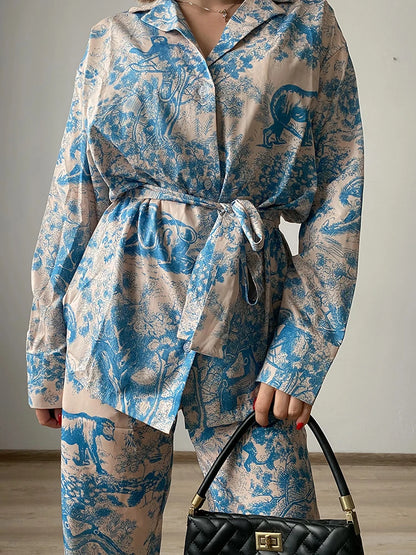 Chic Printed Two-Piece Women’s Suit with Belt