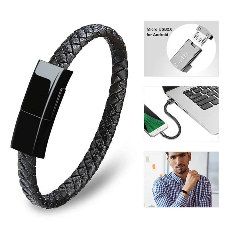 Xiaomi Bracelet USB Fast Charging Data Cable Type-C Bracelet Alloy Leather Wrist Strap iPhone Android Charging Cable USB Wires